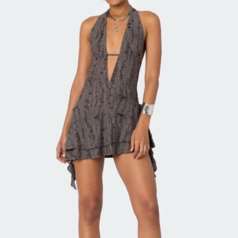 Edikted Shredded Backless Halter Mini Dress in Brown